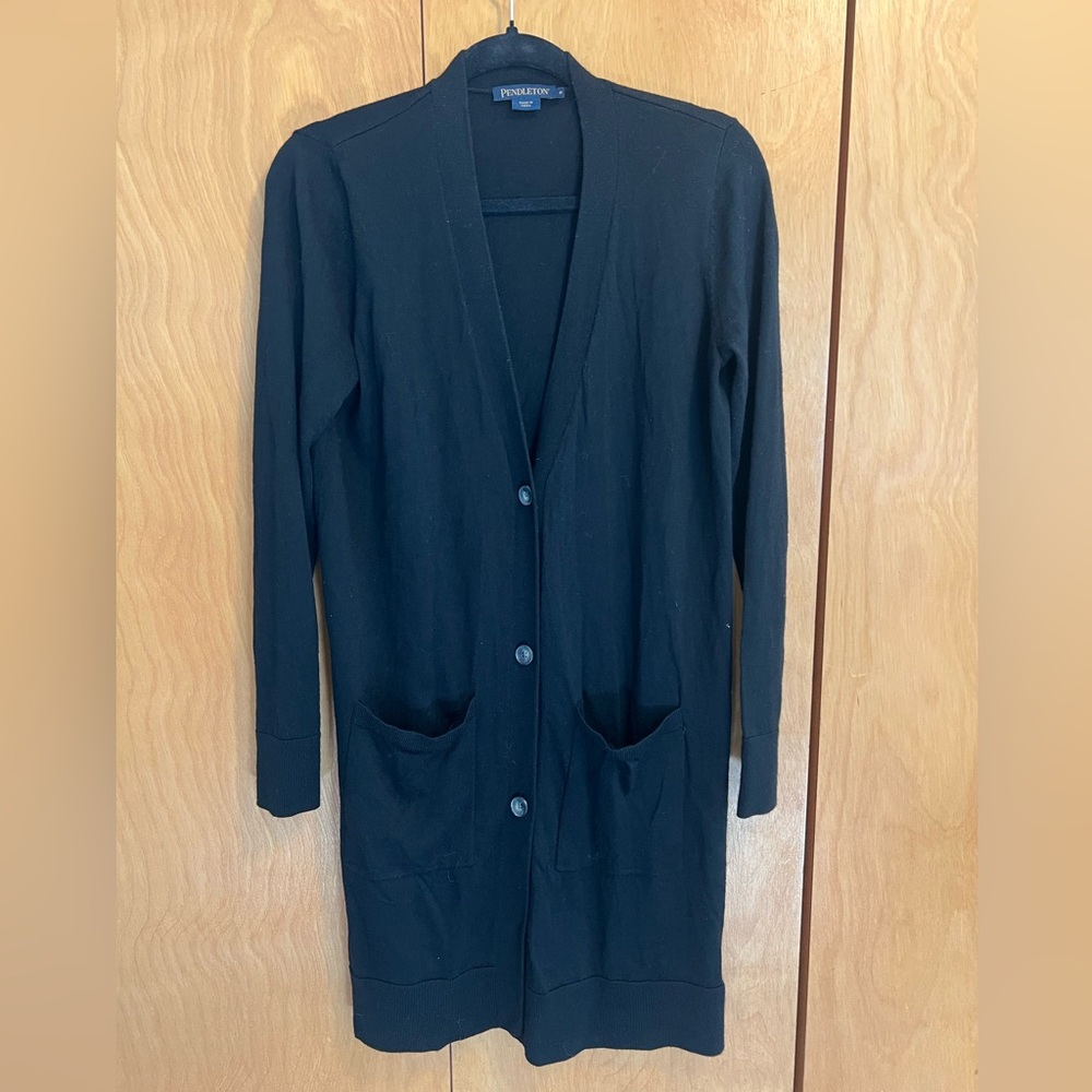 Pendleton Black Merino Wool Long Button-Front Women’s Cardigan Size Small